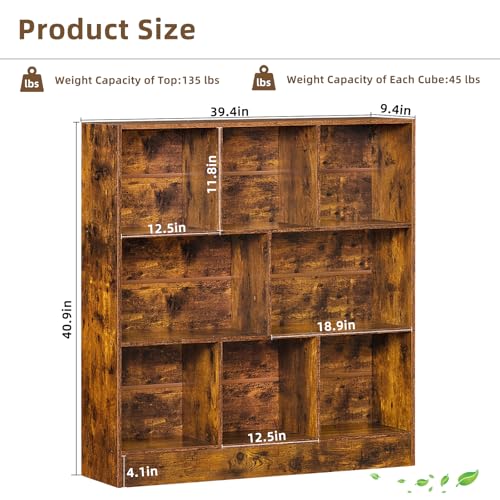 LEYAOYAO 8 Cube Bookshelf with Base,3 Tier Mid-Century Modern Brown Bookcase,Standing Wide Bookshelves Storage Organizer Shelf,Rustic Wood Display Cabinet Book Shelves for Bedroom,Living Room,Office