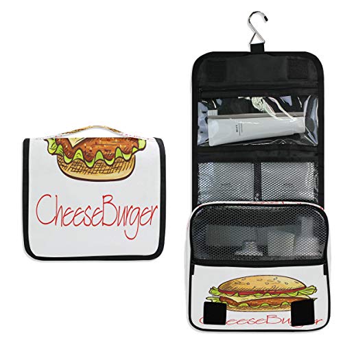 Hanging Toiletry Bag, Marvellous Fast Food Burger Sketch Waterproof Quilted Wash Gargle Bag