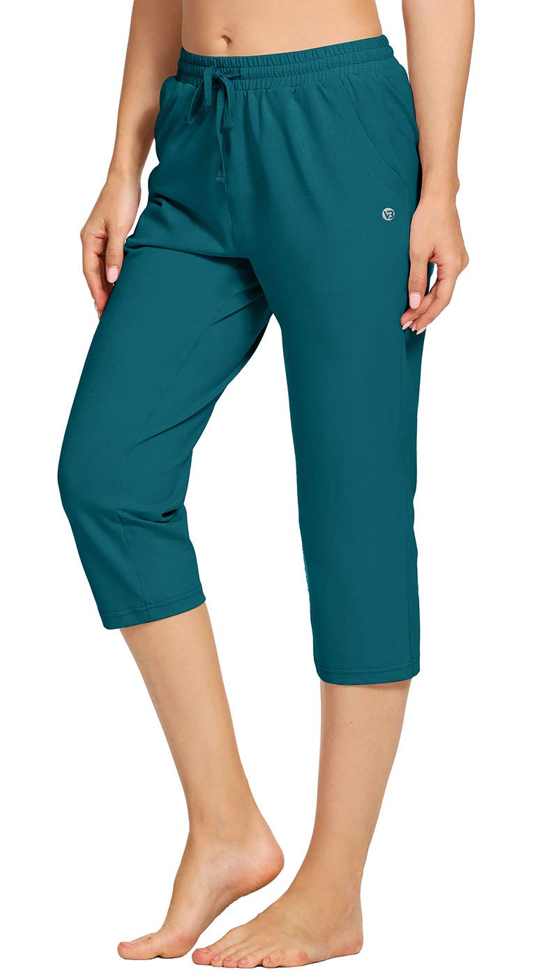 VEOBIKE Women's Capri Yoga Pants Cotton Jersey Pants Drawstring Jogger Workout Sweatpants Loose Lounge Crop Pants Pockets