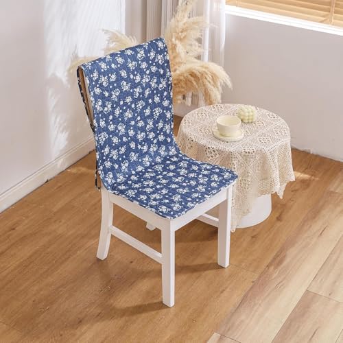 Image of HOMETHREADS Floral Quilted Cotton Chair Cover - Soft, Comfortable Dining Chair Seat Protector with Non-Slip Backing & Strong Elastic Strap for Snug Fit (Navy White, Pack of 4)
