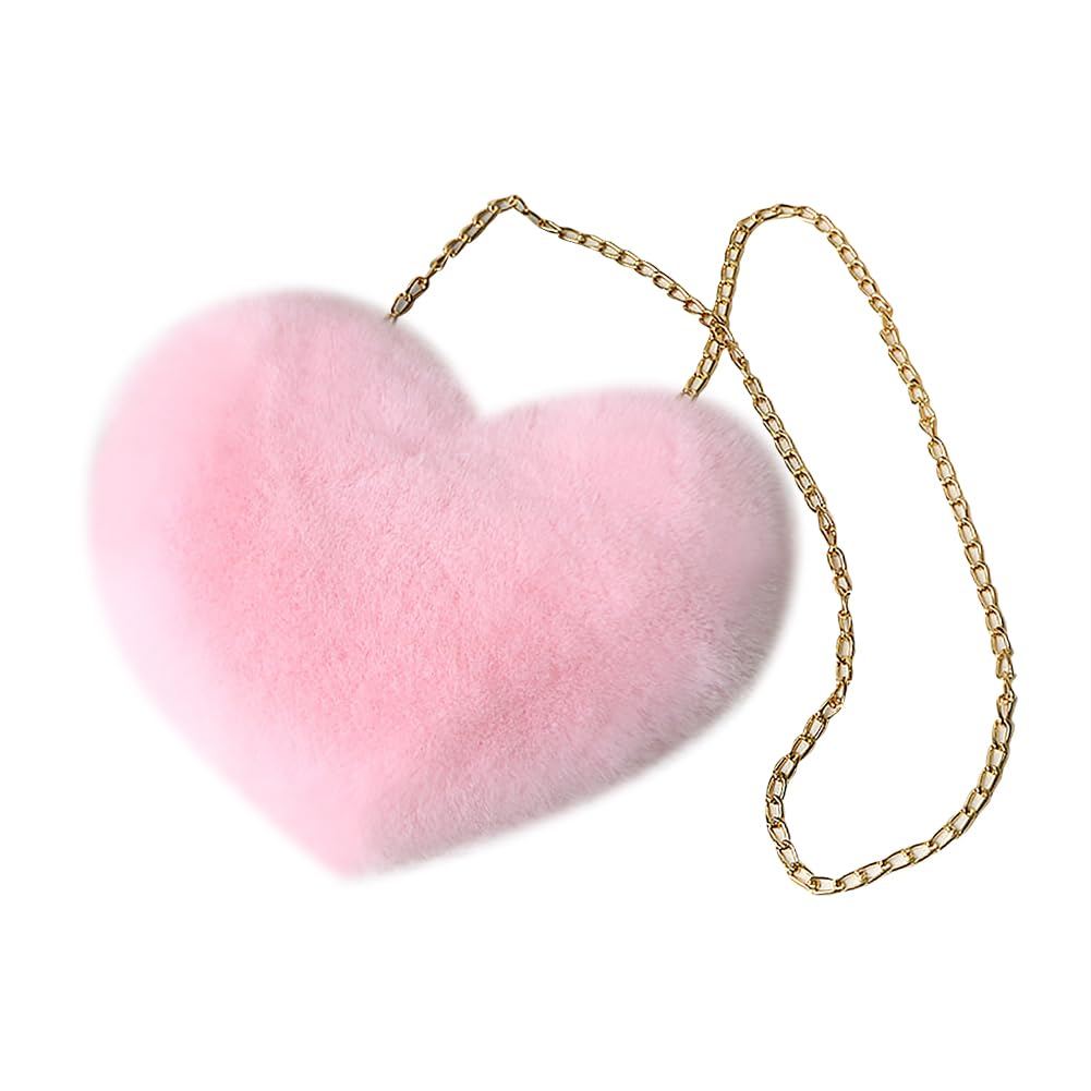 Hugede Women's Pink Heart Shaped Faux Fur Purse Fluffy Shoulder Bag Cute Crossbody Purses Soft Fuzzy Handbag Plush Handle Purse For Valentine's Day Girls