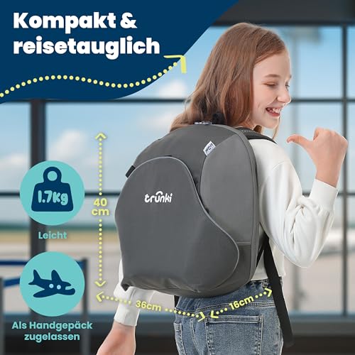 Trunki BoostApak 2-in-1 Kindersitz & Rucksack (ab 6 Jahren) - i-Size Kindersitzerhöhung mit 8-Litern Stauraum, Handgepäck Kinderrucksack & Sitzerhöhung Auto Kinder (126-150 cm) - Grau