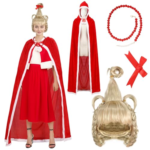 5PCS Cindy Lou Who Costume for Women Adult, Cindy Lou Who Outfit with Wig Cape Red Bow Necklace Christmas Cosplay Accessories