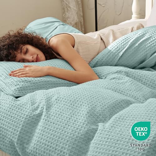 Image of PHF Waffle Weave Duvet Cover Set King Size, No Snagging Ultra Soft Luxury Textured Breathable Comforter Cover for All Season 3pcs, Durable Bedding Duvet Set with 2 Pillow Shams, 104 inchx90 inch, Aqua