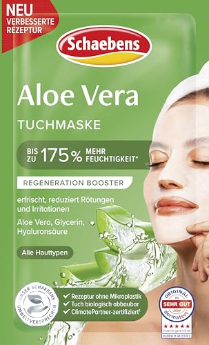 Schaebens Aloe Vera Tuchmaske - erfrischt, reduziert Rötungen und Irritationen mit Aloe Vera, Glycerin und Hyaluronsäure für alle Hauttypen.