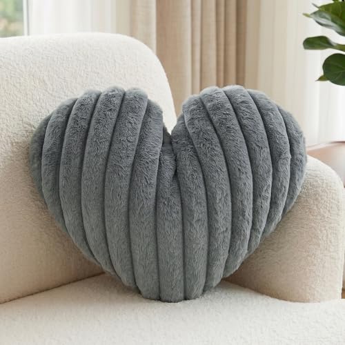 16 Inch Grey Heart Pillow Cute Soft Valentines Decorative Throw Pillows Heart Shaped Fluffy Faux Fur Pillows Cushions for Couch Chair Bed Bedroom Room Home Decor Aesthetic (1 Gray Medium-16x13)