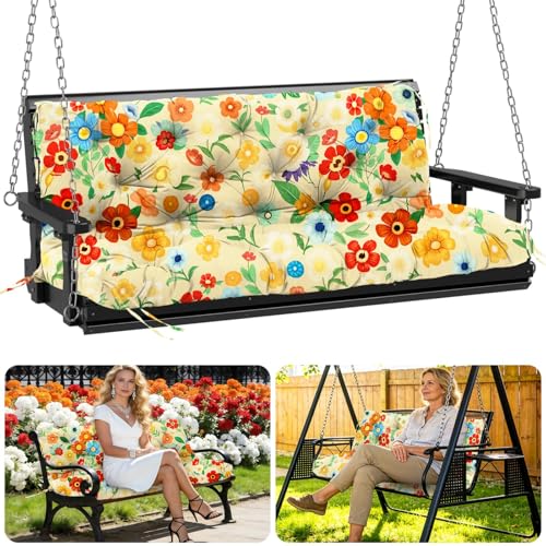 Image of Porch Swing Cushions Outdoor 70 inch x 40 Waterproof Swing Cushions 3 Seater Replacement with Backrest & 8 Ties 5 inch Thick Bench Swing Cushions for Outdoor Furniture Patio(Yellow Flowers)