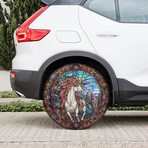 Image of Spare Tire Cover for RV Trailer, Glass Unicorn Tire Covers Universal Fit for Travel Trailer Camper Jeep RV SUV Truck Waterproof Wheel Cover (17 inch for Diameter 31 inch - 33 inch),A-26
