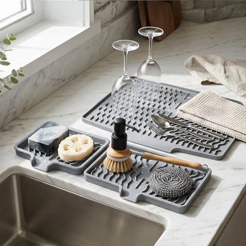 Image of HomeEssentials 3 Pcs Silicone Dish Drying Mat for Kitchen Counter, Non-Slip Heat Resistant Drainer Pad, Soap & Sponge Draining Mat for Sink, Quick-Dry Silicone Drying Pad for Countertop (Grey)
