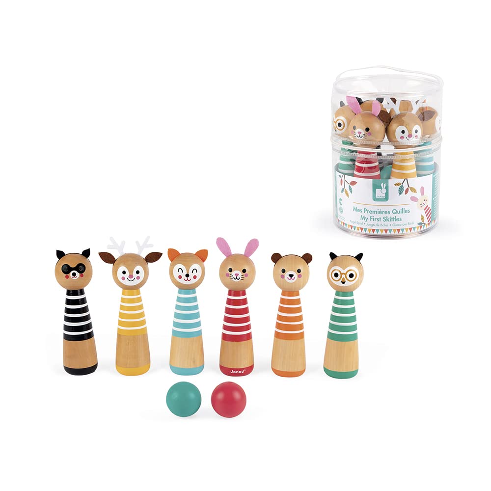 Janod - Mes Premières Quilles Happy Garden - Jeu de Plein Air pour Enfant - 6 Quilles et 2 Boules en Bois - Dès 3 Ans, J03200