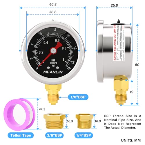 MEANLIN MEASURE 0~1Bar/0~15Psi Edelstahl 1/8 BSP 1.5 FACE DIAL, Glyzerin-gefülltes Manometer, flüssigkeitsgefüllt, untere Montage (schwarz) mit 1/4 BSP und 3/8 BSP Sechskantbuchse