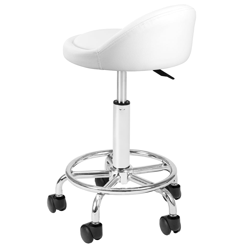 BAKAJI Taburete con Ruedas, Asiento Acolchado y Respaldo bajo de Piel sintética, Base con reposapiés de Acero Giratorio 360°, Altura Ajustable, Ideal para Esteticista, Cocina, restaurantes, (Blanco)