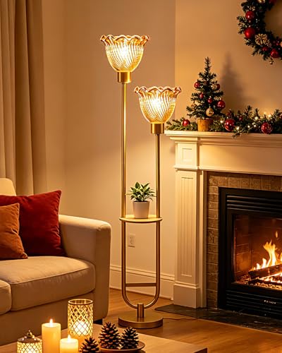 Image of Lightdot 2-Lights Modern Glass Floor Lamp with Table Gold Standing Tall Lamps with Amber Floral Glass Shade,LED Floor Lamp with Foot Switch for Living Room Bedroom Home Decor (3000K Bulbs Included)