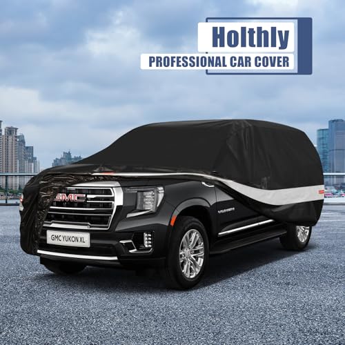 Image of Holhtly Car Cover Custom Fit for GMC Yukon XL, Car Covers for Automobiles All Weather Waterproof Sun Snow Rain Wind Dust Protection, Outdoor Car Cover Black & Grey