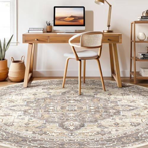 Round Rug Living Room Rugs: 8Ft Washable Boho Neutral Large Circle Soft Indoor Floral Stain Resistant Floor Farmhouse Carpet for Bedroom Nursery Kids Playroom Office Dining Room Dorm Home- Beige Brown