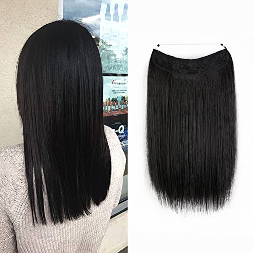 HAIRCUBE Halo Hair Extensions Invisible Straight Hairpieces Adjustable Size Headband Transparent Wire No Clips 16 Inch Black