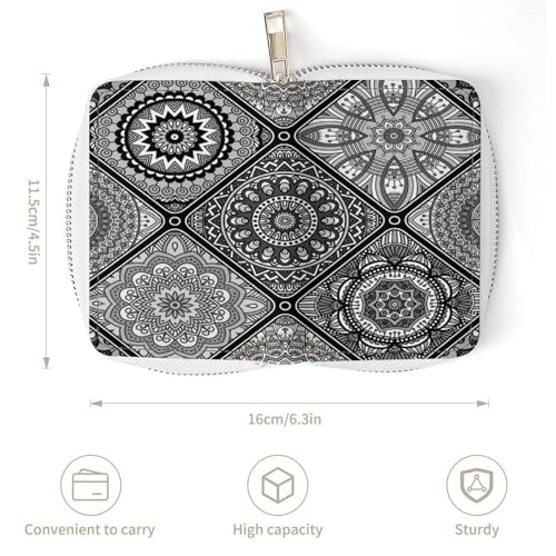 Women Leather Coin wallet, Key Change Organizer Zipper Card Holder Purse Clutch Pouch Pocket 4.5x3.15 in Print Motifs Tribal Mandala Floral Flower3