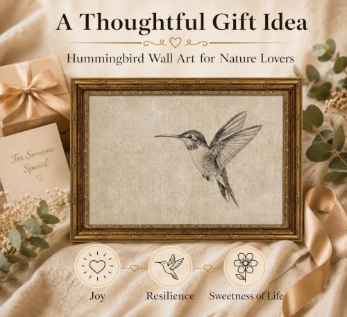 Image of Gold Framed 3D Textured Wall Art, Vintage Sketch Hummingbird Canvas Prints, Minimalist Neutral Birds Pictures Decor, Antique Naturalist Specimen Painting Artwork for Living Room Bathroom 16x24 in