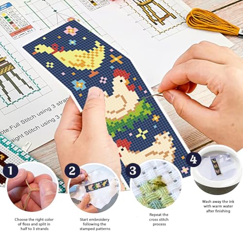 Image of FREEBLOSS 6 Set Cross Stitch Bookmark Kit for Beginner Adults Farm Animal Stamped Embroidery Bookmark Kits Cross Stitch Kits with Instruction Bookmarks Making Kit for Book Lovers 8x2.4in /20x6cm