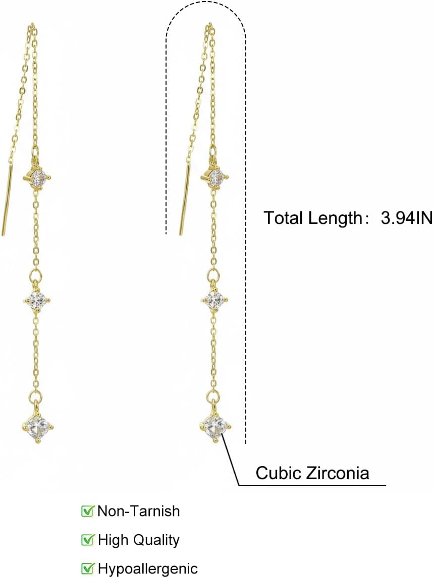 Dangle Earrings for Women Gold Threader Earring with Cubic Zirconia Hypoallergenic Dangly Drop Chain Earrings for Wedding Jewelry - Image 3