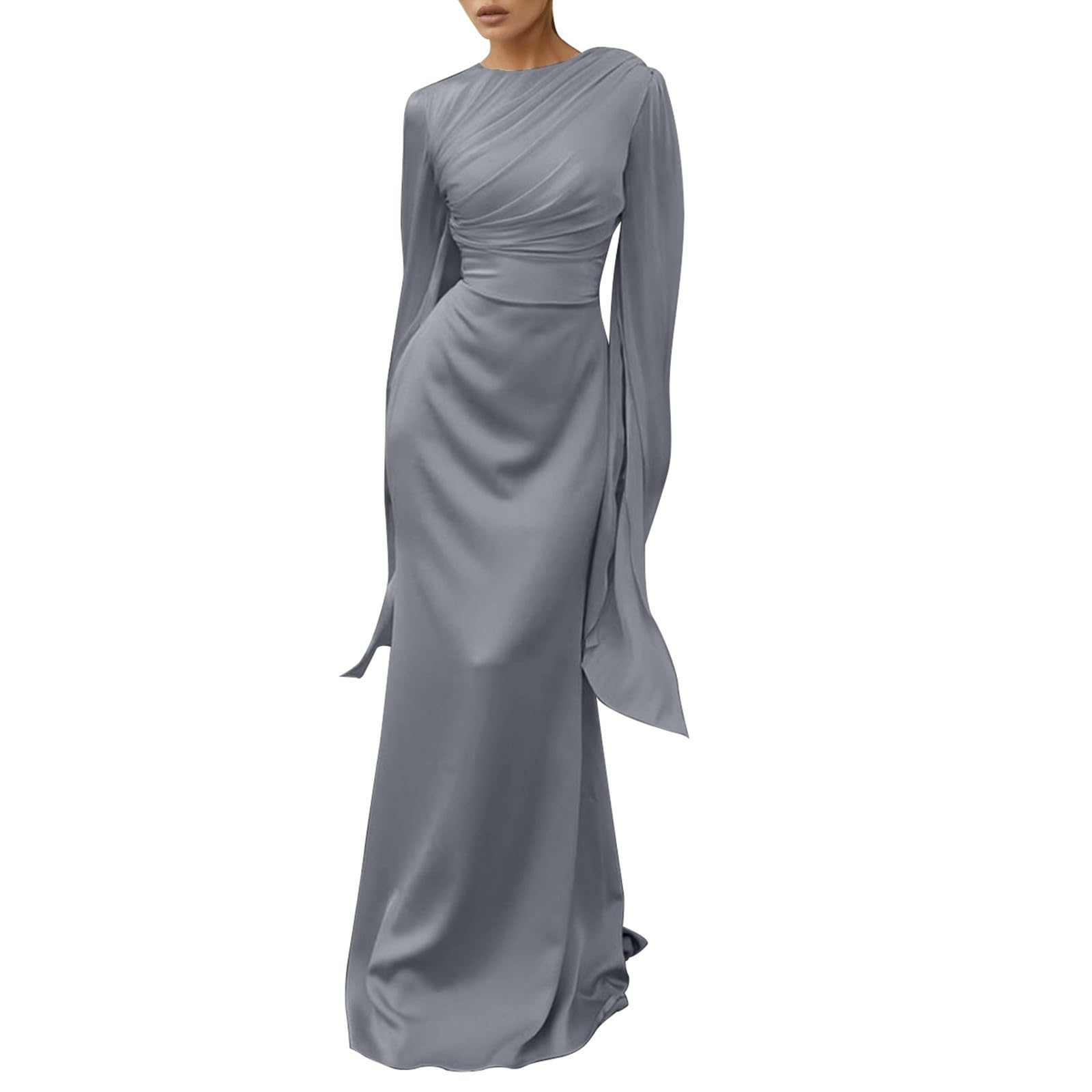 Maxikleid Damen Langarm Bindegürtel Freizeitkleid Elegant