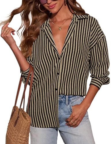 Fayenne Waffle Knit Button Down Shirts for Women Striped Long Sleeve Dressy Casual Tops Oversized Blouses Fall Outfits