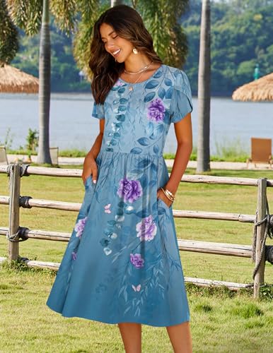 Image of HOTOUCH Women's Summer A-Line Midi Dresses 2026 Casual Floral Short Sleeve T-Shirt Dress Flowy Beach Sundress with Pockets