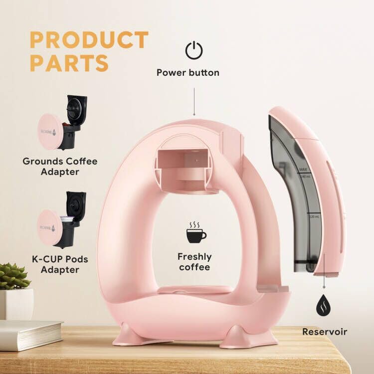 Image of RECAFIMIL MINI Q 2-in-1 Single Serve Coffee Maker - Brew K-Cups or Ground Coffee (4-8 oz) - Compact Americano Coffee Brewer with Reusable Filter (Pink)