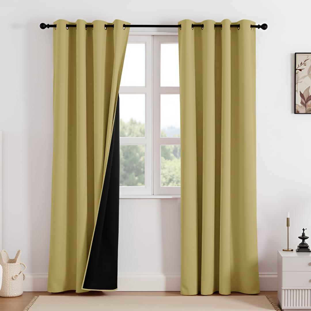 HOMEMONDE 100% True Blackout Curtains Solid Door 7 Feet Set of 2 - Thermal Insulation & Room Privacy Blackout Curtain, Black Backing & Fade Resistant Drapes - (84 Inch, Golden)