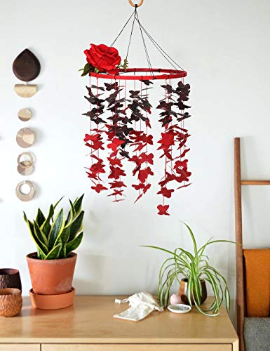 earthenmetal Classic Red & Black Butterfly Chandelier Dream Catcher with Elegant red Rose for Room Decor, Nursery Decor (9 inches Dia, 12inches Height)
