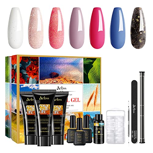 Poly Gel Nail Kit, Aubss 7 Colors Poly Nails Extension Gel Kit with 0.5Oz Glitter Blue Poly Gel, Poly Nail Gel Kit Builder with Slip Solution, Nail Dual Form for Beginner All-in-One DIY Kit at Home