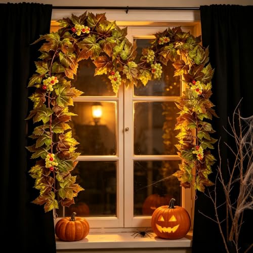 2PCS 5.7FT Faux Autumn Halloween Garland with Green Maple Leaf and Berries (Gold) - image 3