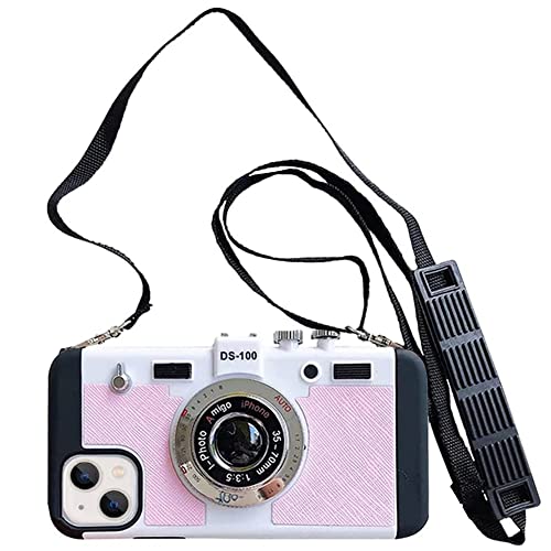 Yatchen Camera Case Compatible with iPhone 11 Pro Max, Cute 3D Vintage Camera with Lanyard Adjustable Shoulder Strap Girls Women Unique Cool Silicone PC Cover Pink