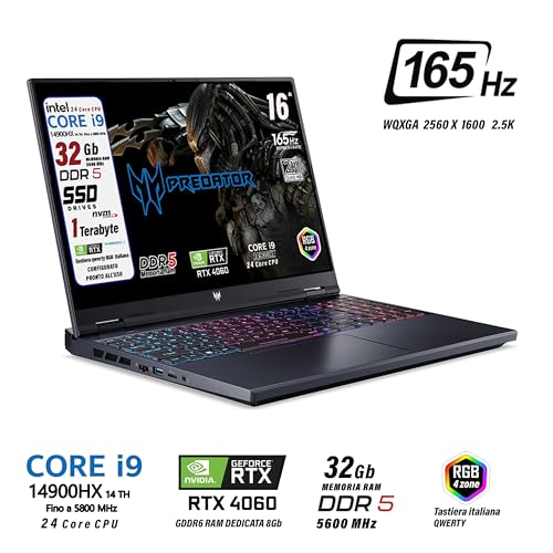 acer Predator Helios Neo16 Notebook Gaming, Processore Intel Core i9-14900HX, RAM 32Gb DDR5, SSD 1Tb pci, Display 16" WQXGA IPS 165Hz, NVIDIA GeForce RTX 4060 8Gb GDDR6, Win 11, Preconfigurato - Immagine 1