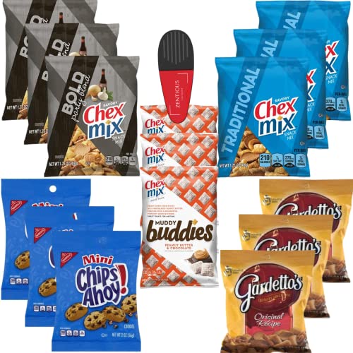 Chex Mix Gardettos Chips Ahoy - Snack Pack of 15-1.75 Oz And 2 Oz Bags Includes Chex Mix Original, Chex Mix Bold, Mini Chips Ahoy Cookies, Gardettos Original Snack Mix, and Peanut Butter Muddy Buddies Bundled With A Zentious Power Clip