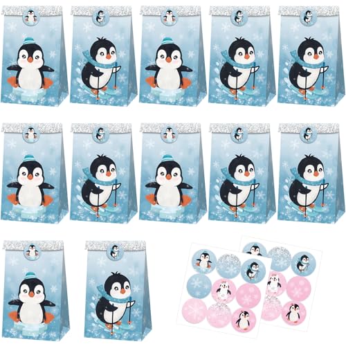 12 Piezas Bolsas de Papel Kraft para Regalos, Pingüino Bolsas de Regalo de Papel con 18 Pegatinas, Bolsass Chuches Cumpleaños, bolsas Cumpleaños Infantil, para Envolver Regalos, Celebración, Boda
