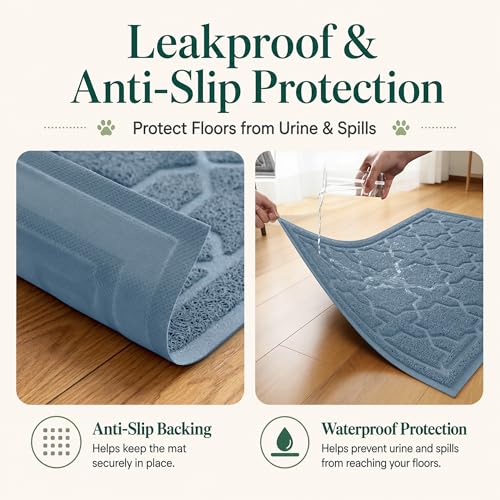 Image of Yimobra Cat Litter Mat, Easy Clean Trapping PVC Mat, 47 inch x 36 inch, Waterproof Backing, Non Slip Bottom, Scatter Control Pad for Litter Box, Tea Blue