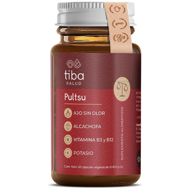 TIBA SALUD | PULTSU | Potasio Con Ajo Sin Olor Y Extractos Botánicos | Multivitamínico De Alta Concentración | Vitaminas B3 Y B12 | 30 Cápsulas Fórmula Vegana Para Rutina Cardiovascular | Sin Gluten
