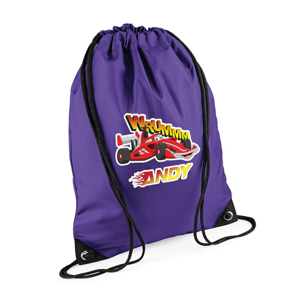 Personalised Kids Cars Backpack, Sport Car Bag Gift For Children's, Back To School, Drawstring Bag, PE Gym Kit Swimming, Sport Rucksack. (Purple)