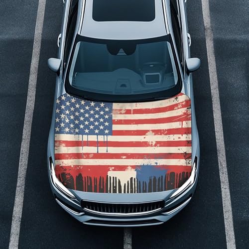 Image of 59x39 Inch Hood Cover for Compact Cars SUV Sedans Trucks, American Flag Design Waterproof Stretchable Car Hood Wraps Auto Banner Auto Dcorative Accessories
