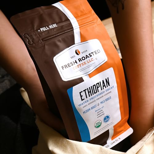 Image of Fresh Roasted Coffee, Organic Ethiopian Water-Processed Decaf Drip Ground Coffee, Medium Roast, USDA Organic, 100% Single Origin, Kosher, 12 oz