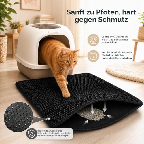 Katzenklo Matte, Doppellagig & Wasserdicht (60 x 40 cm, Schwarz) Wabenstruktur zum Auffangen von Streu,rutschfest, leicht zu reinigen – Ansicht 6