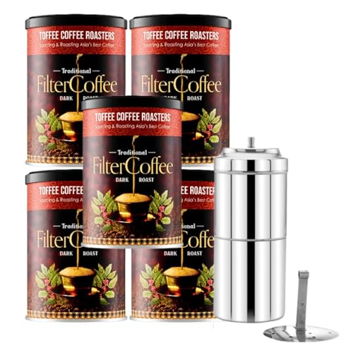 Image of Toffee Coffee Roasters | South Indian Filter Coffee, Pack of 5 (200 gms) + Free Filter Coffee Maker (220ml, 3-4Cups) | As Seen On Shark Tank | Speciality Traditional Dark Roast Signature Filter Coffee