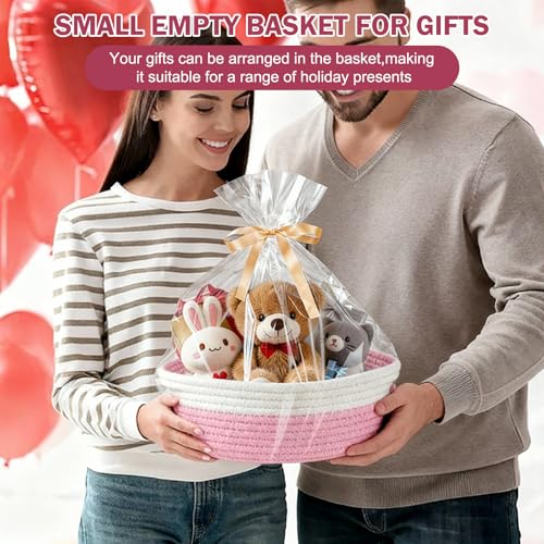 Image of Basket for Gifts Empty, Small Woven Basket with Bags and Ribbons, Baby Toy Baskets with Handles, Wicker Storage Bin for Baby Showers or Pet Toy (Pink, 1 Pack (12 inchx 8 inchx 3.74 inch))