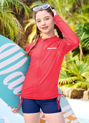 Image of BesserBay Girls Rash Guard UPF 50+ Zip Up Raglan Long Sleeve Adjustable Drawstring Swim UV Jacket 4-14 Years
