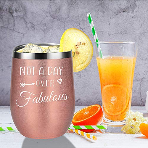 Not a Day Over Fabulous -12Oz Wine Tumbler Set Birthday Gifts for Women - Funny Mothers Day Wine Gifts for Mom, Wife, Her, Daughters, Aunts, Sister, Best Friends, BFF, Girlfriend, Coworkers(Rose Gold)