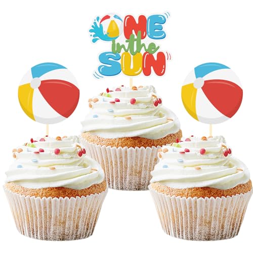 24 Pack One In The Sun 1st Birthday Party Cupcake Toppers, Summer Pool Party Beach Ball Sunshine 1st Birthday Party Decorations (One In The Sun 1st Birthday)