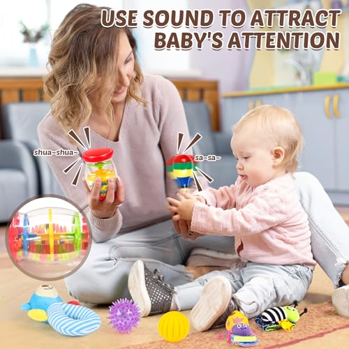 Joyreal 15 Pcs Sensory Toys for Babies Newborn Baby Toys 0-6 Month, Rattles, Foil Blanket, Rainmaker, Scarves, Ribbons - Image 4