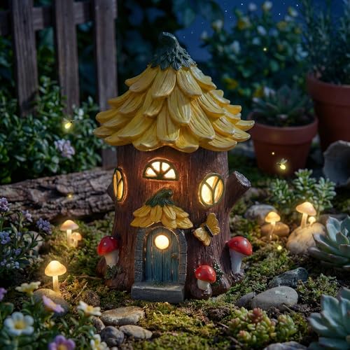 Lavezee Fairy House Outdoor Figurine Lights for Garden Decor, Fairy Garden Houses for Front Porch Patio Backyard Yard Decoration, Birthday Gifts for Mom Women - image 7
