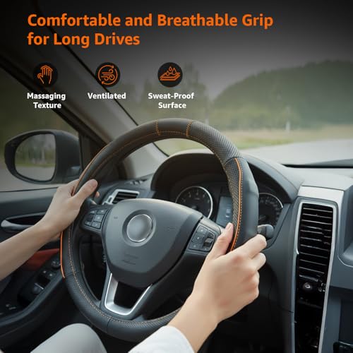 Image of Amazon Basics Leather Steering Wheel Cover (Medium - 38 cm) | Breathable, Non-Slip Polyvinyl Grip with Sporty Black Stitching & Easy Installation (Black and Orange)